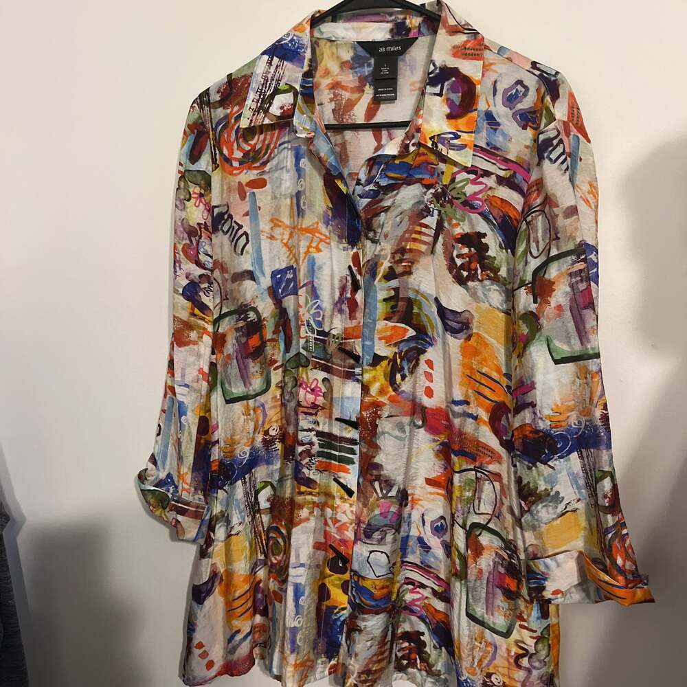 Ali Miles Size L Abstract Print Collared 3/4 Cuffed Sleeve Tunic